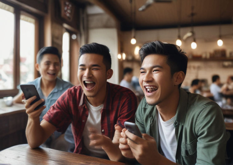 A young man cheers enthusiastically while holding his smartphone, surrounded by smiling friends sharing the excitement of a mobile game or sports event on his screen.