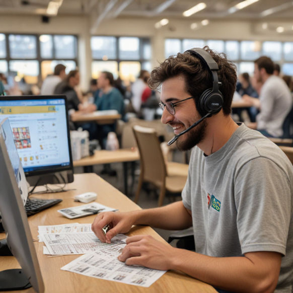 A player sits at a desk, chatting with online support while participating in a lottery game.
