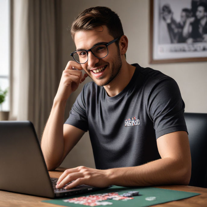 A poker player sitting at a desk, focused on a laptop, celebrating a virtual win.