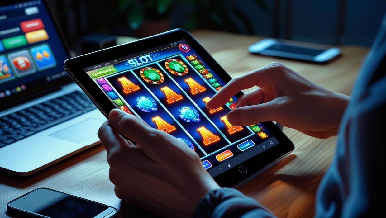 Person playing digital slot machine on tablet with ambient lighting at home.