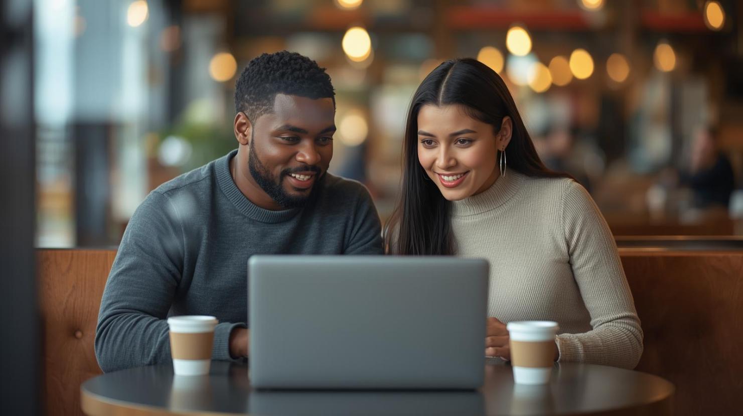 Two people in café discussing laptop screen with coffee cups beside them.