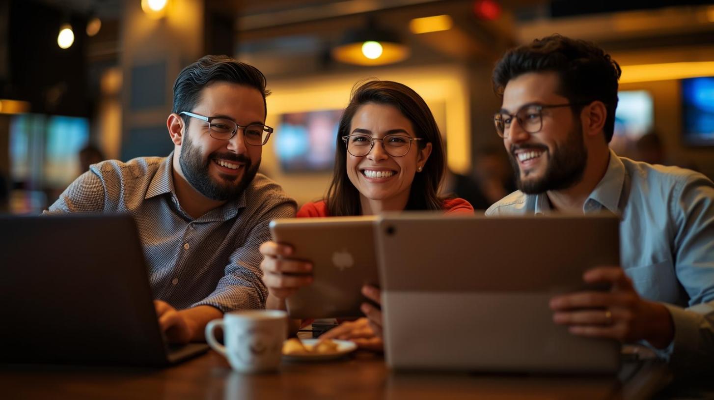 Three smiling friends play live casino games together in bright, friendly café setting.