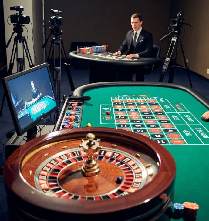 Graphic showing a live dealer streaming setup with roulette and blackjack tables