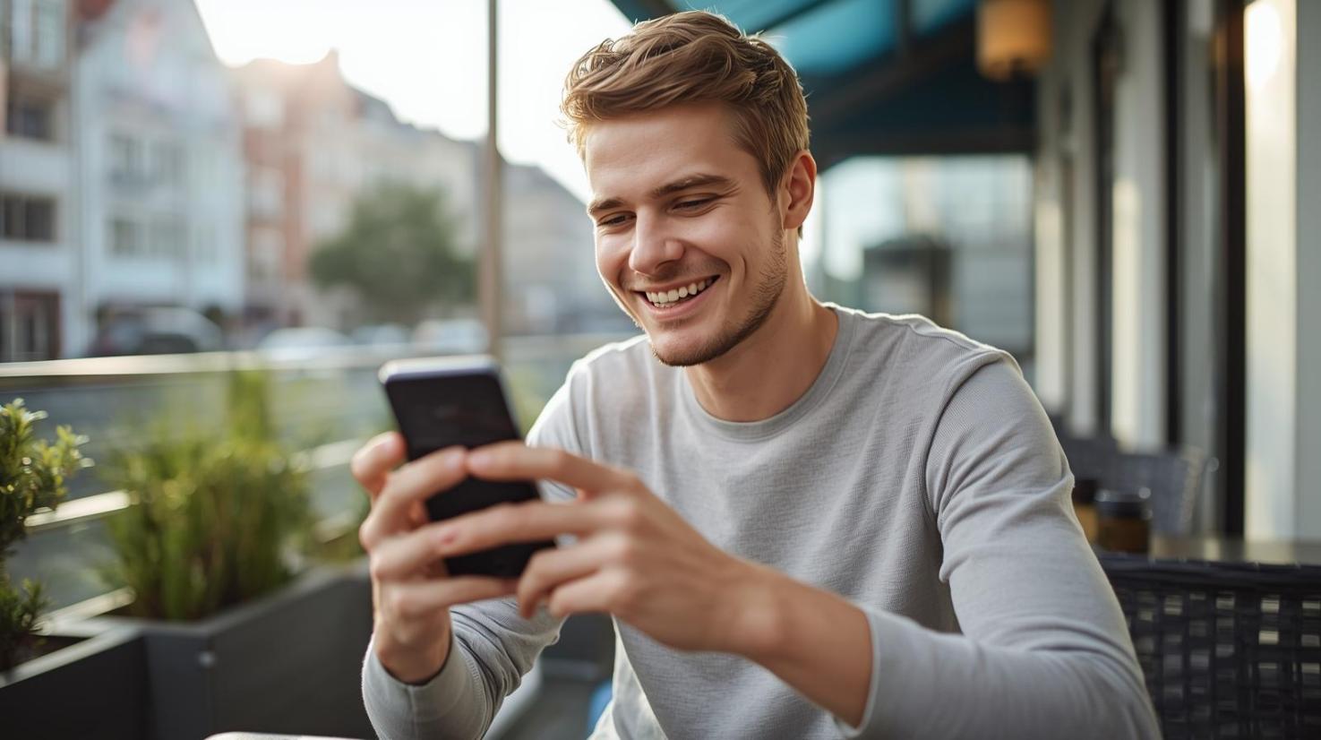 Smiling man enjoying mobile casino game outdoors in sunny cafe setting.